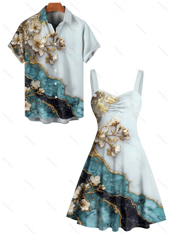 Vacation Couple Outfit Flower Colorblock Marbled Textured Printed Ruched Bust Sweetheart Neck Dress and Button Up Shirt Casual Matching Outfit - Bleu clair S | US 4