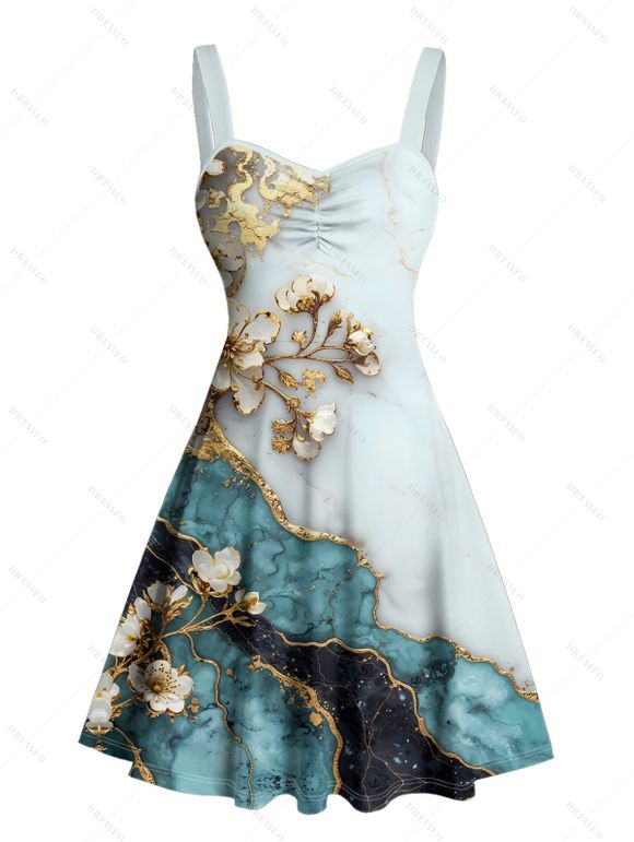 Vacation Couple Outfit Flower Colorblock Marbled Textured Printed Ruched Bust Sweetheart Neck Dress and Button Up Shirt Casual Matching Outfit - Bleu clair S | US 4