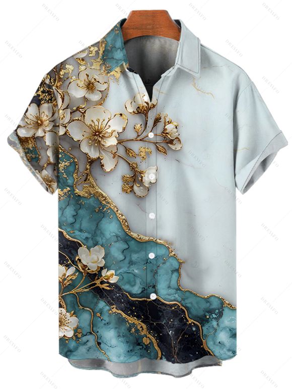 Vacation Couple Outfit Flower Colorblock Marbled Textured Printed Ruched Bust Sweetheart Neck Dress and Button Up Shirt Casual Matching Outfit - Bleu clair S | US 4