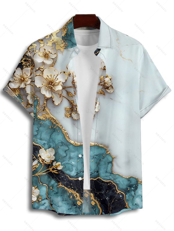 Vacation Couple Outfit Flower Colorblock Marbled Textured Printed Ruched Bust Sweetheart Neck Dress and Button Up Shirt Casual Matching Outfit - Bleu clair S | US 4