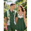 Vacation Couple Outfit Colorblock Line Coconut Tree Pattern Spaghetti Strap Tank Dress and Button Up Shirt Beach Matching Outfit - Vert profond S | US 4