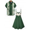 Vacation Couple Outfit Colorblock Line Coconut Tree Pattern Spaghetti Strap Tank Dress and Button Up Shirt Beach Matching Outfit - Vert profond S | US 4