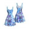 Robe de vacances décontractée à motif de fleurs et de feuilles, froncée, avec ceinture et col en cœur - Bleu Ciel XXXXXL | US 20