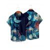 Chemise de vacances à manches courtes et boutons pour homme, motif floral et feuilles colorées, décontractée - Bleu de Minuit 5XL