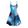 Vacation Couple Outfit Colorblock Marbled Sequined Printed Spaghetti Strap Tank Dress and Button Up Shirt Casual Matching Outfit - Bleu S | US 4