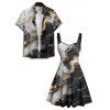 Vacation Couple Outfit Colorblock Marbled Textured Printed Ruched Bust Sweetheart Neck A Line Mini Dress and Button Up Shirt Casual Matching Outfit - Noir S | US 4