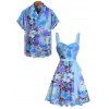 Vacation Couple Outfit Tie Dye Flower Leaf Pattern Ruched Bust Belt Sweetheart Neck Dress and Button Up Shirt Casual Matching Outfit - Bleu Ciel S | US 4