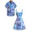 Vacation Couple Outfit Tie Dye Flower Leaf Pattern Ruched Bust Belt Sweetheart Neck Dress and Button Up Shirt Casual Matching Outfit - Bleu Ciel S | US 4
