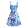 Vacation Couple Outfit Tie Dye Flower Leaf Pattern Ruched Bust Belt Sweetheart Neck Dress and Button Up Shirt Casual Matching Outfit - Bleu Ciel S | US 4