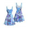 Vacation Couple Outfit Tie Dye Flower Leaf Pattern Ruched Bust Belt Sweetheart Neck Dress and Button Up Shirt Casual Matching Outfit - Bleu Ciel S | US 4