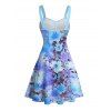 Vacation Couple Outfit Tie Dye Flower Leaf Pattern Ruched Bust Belt Sweetheart Neck Dress and Button Up Shirt Casual Matching Outfit - Bleu Ciel S | US 4