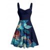 Vacation Couple Outfit Colored Flower Leaf Pattern Ruched Bust Sweetheart Neck A Line Mini Dress and Button Up Shirt Casual Matching Outfit - Bleu de Minuit S | US 4