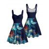 Vacation Couple Outfit Colored Flower Leaf Pattern Ruched Bust Sweetheart Neck A Line Mini Dress and Button Up Shirt Casual Matching Outfit - Bleu de Minuit S | US 4