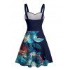 Vacation Couple Outfit Colored Flower Leaf Pattern Ruched Bust Sweetheart Neck A Line Mini Dress and Button Up Shirt Casual Matching Outfit - Bleu de Minuit S | US 4