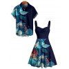 Vacation Couple Outfit Colored Flower Leaf Pattern Ruched Bust Sweetheart Neck A Line Mini Dress and Button Up Shirt Casual Matching Outfit - Bleu de Minuit S | US 4