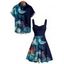 Vacation Couple Outfit Colored Flower Leaf Pattern Ruched Bust Sweetheart Neck A Line Mini Dress and Button Up Shirt Casual Matching Outfit - Bleu de Minuit S | US 4