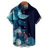 Vacation Couple Outfit Colored Flower Leaf Pattern Ruched Bust Sweetheart Neck A Line Mini Dress and Button Up Shirt Casual Matching Outfit - Bleu de Minuit S | US 4