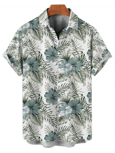 Chemise de vacances pour homme à motif de feuilles d'hibiscus et de fleurs, boutonnée, retroussée, manches courtes, décontractée