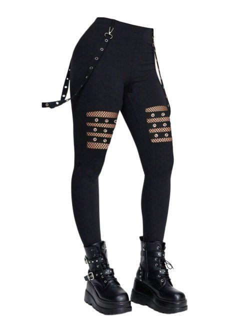 Pantalon gothique ajouré de couleur unie avec œillets et chaîne embellie, pantalon skinny long taille haute