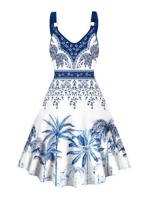 Robe de vacances à motif de feuilles de palmier, bretelles en O, sans manches, coupe trapèze, mini-robe bohème