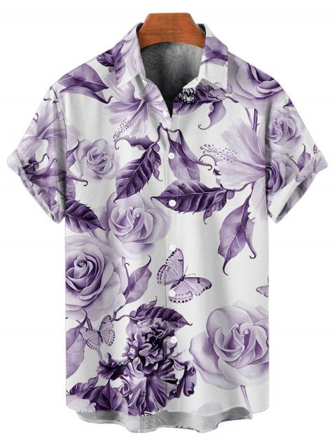Chemise de vacances à manches courtes et boutons pour homme, motif floral, papillon et feuilles, décontractée