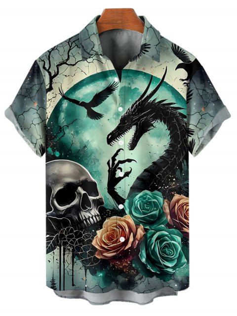 Chemise gothique à manches courtes et boutons pour homme, motif crânes, roses et dragons