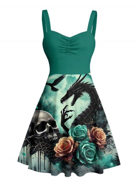 Robe gothique à col en cœur et mini robe trapèze à motif de dragon et de crânes, buste froncé