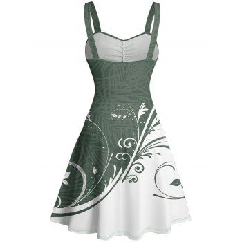 Colorblock Leaf Print Belted Mini Dress Sleeveless Ruched Bust Vacation Dress