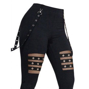 Hollow Out Solid Color Gothic Pants Grommet Chain Embellishment High Waisted Long Skinny Pants