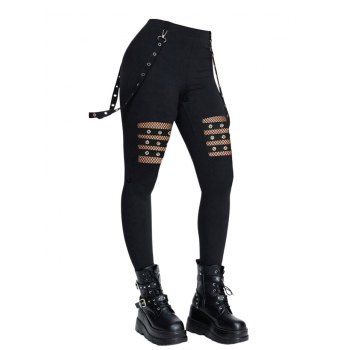 Hollow Out Solid Color Gothic Pants Grommet Chain Embellishment High Waisted Long Skinny Pants