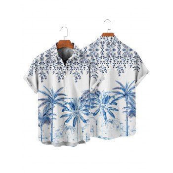 Vacation Couple Outfit Palm Tree Flower Leaf Pattern O Ring Strap Dress and Button Up Shirt Beach Matching Outfit