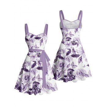 Flower Butterfly Leaf Pattern Ruched Bust Belt Vacation Dress Sweetheart Neck A Line Mini Casual Dress