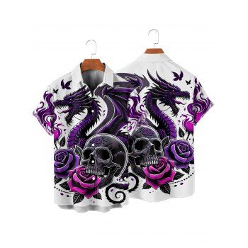 Men's Skulls Rose Dragon Pattern Gothic Shirt Button Up Roll Up Short Sleeve Holiday Shirt