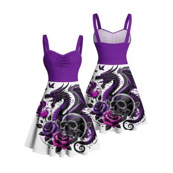 Skulls Rose Dragon Pattern Ruched Bust Gothic Dress Sweetheart Neck A Line Mini Holiday Dress