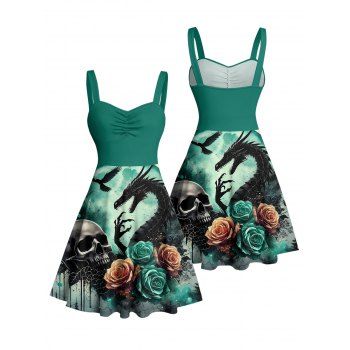 Skulls Rose Dragon Pattern Ruched Bust Gothic Dress Sweetheart Neck A Line Mini Holiday Dress