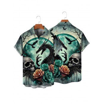 Gothic Couple Outfit Skulls Rose Dragon Pattern Ruched Bust Dress and Button Up Shirt Holiday Matching Outfit