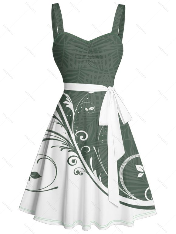 Mini Robe de Vacances Ceinturée Feuille Imprimée en Blocs de Couleurs sans Manches à Volants - Vert profond M | US 6