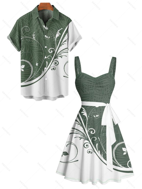 Colorblock Leaf Print Ruched Bust Mini Belted Dress And Short Sleeve Vacation Shirt Matching Outfit - Vert profond S | US 4