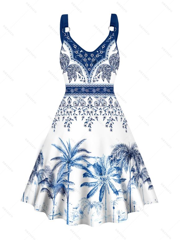 Robe de vacances à motif de feuilles de palmier, bretelles en O, sans manches, coupe trapèze, mini-robe bohème - Bleu XXL | US 14