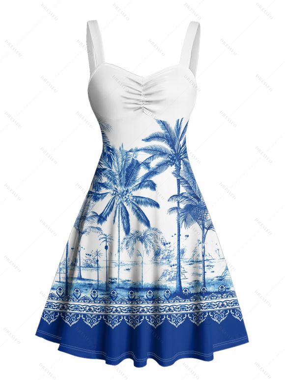 Robe de plage courte à col en cœur et motif de feuilles de palmier, buste froncé - Bleu XXXXXL | US 20