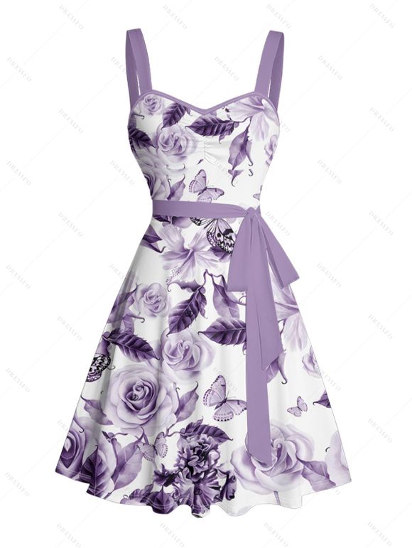 Robe de vacances à motif de fleurs, papillons et feuilles, buste froncé, ceinture, col en cœur, coupe trapèze, mini, décontractée - Pourpre XXXXXL | US 20