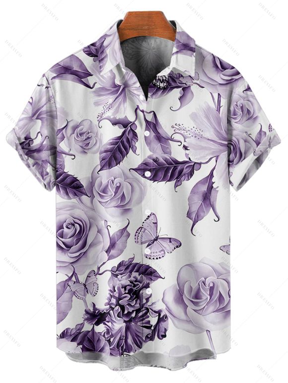 Chemise de vacances à manches courtes et boutons pour homme, motif floral, papillon et feuilles, décontractée - Pourpre 5XL