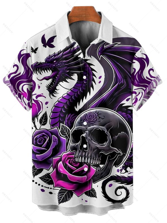 Chemise gothique à manches courtes et boutons pour homme, motif crânes, roses et dragons, style vacances - Concorde 5XL