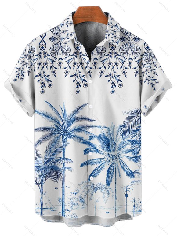 Chemise de vacances à manches courtes et boutons pour homme, motif palmier, fleurs et feuilles - Bleu 5XL