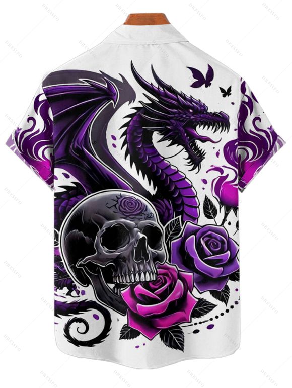 Chemise gothique à manches courtes et boutons pour homme, motif crânes, roses et dragons, style vacances - Concorde XL