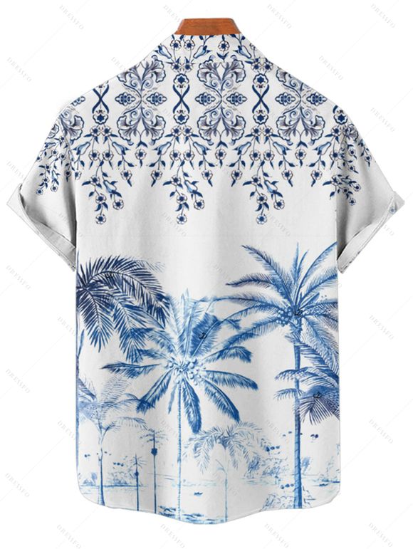 Chemise de vacances à manches courtes et boutons pour homme, motif palmier, fleurs et feuilles - Bleu 4XL