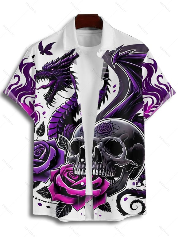 Chemise gothique à manches courtes et boutons pour homme, motif crânes, roses et dragons, style vacances - Concorde XL
