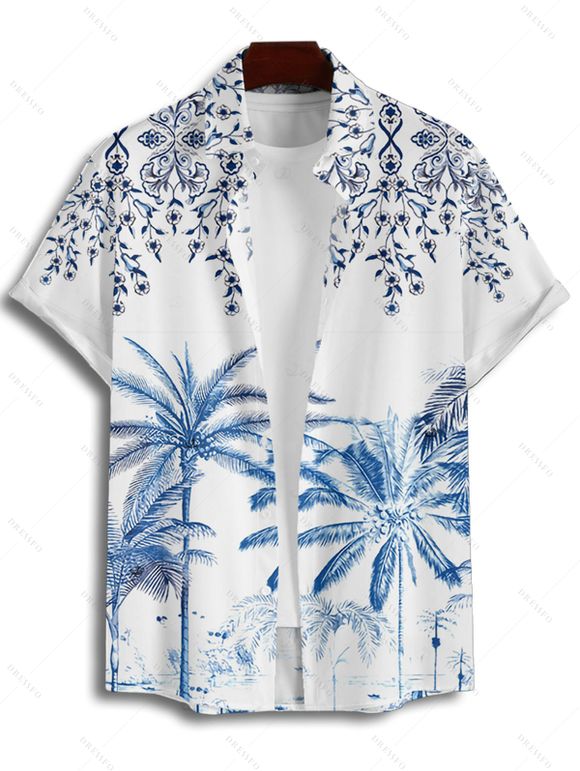 Chemise de vacances à manches courtes et boutons pour homme, motif palmier, fleurs et feuilles - Bleu 4XL