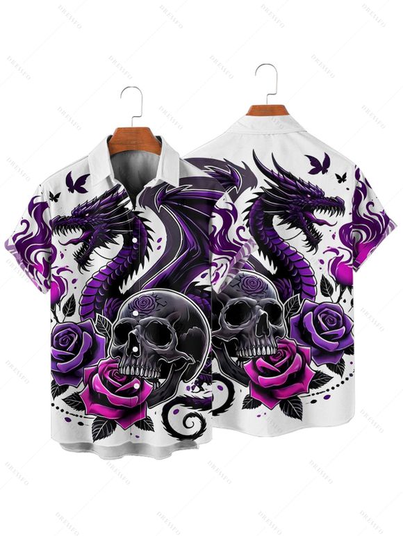 Chemise gothique à manches courtes et boutons pour homme, motif crânes, roses et dragons, style vacances - Concorde XL