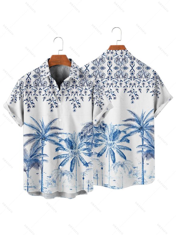 Chemise de vacances à manches courtes et boutons pour homme, motif palmier, fleurs et feuilles - Bleu 4XL
